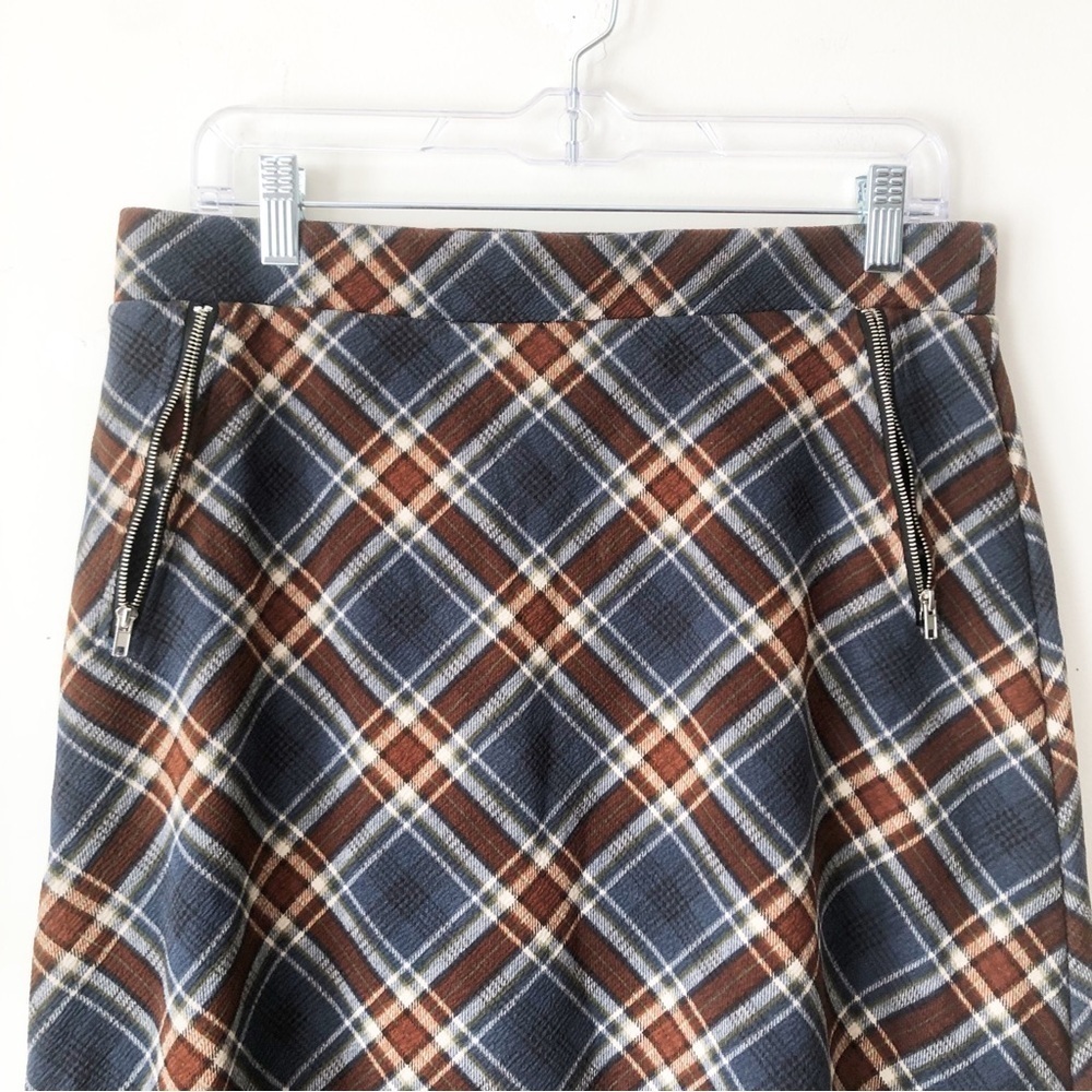 Le Lis Maura A-Line Plaid Skirt Slate Blue/ Brown Pull On Elastic Waist Size L - Picture 7 of 11